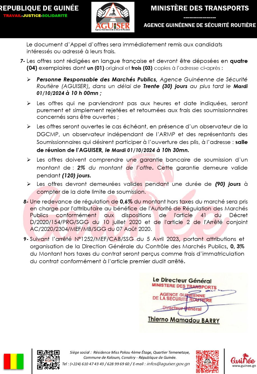 Avis d'appel d'offres pour le marché de « Fourniture et Installation des Radars Mobiles et l’opérationnalisation de la phase pilote de contrôle à Kaloum » | Page 1