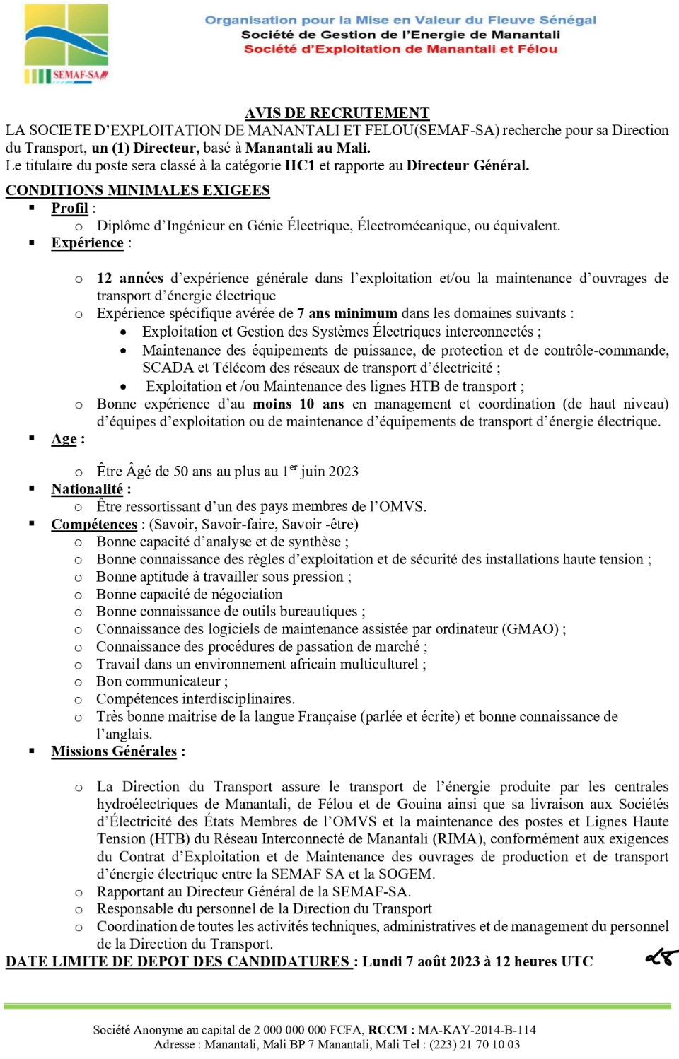 Avis de recrutement d'un (1) Directeur du transport, basé à Manantali au Mali | Page 1