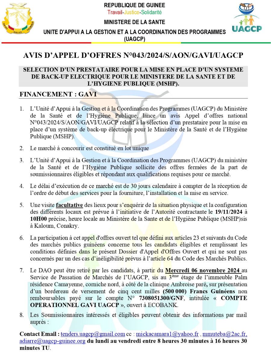 AVIS D’APPEL D’OFFRES POUR LA SELECTION D’UN PRESTATAIRE POUR LA MISE EN PLACE D’UN SYSTEME DE BACK-UP ELECTRIQUE POUR LE MINISTERE DE LA SANTE ET DE L’HYGIENE PUBLIQUE (MSHP) | Page 1