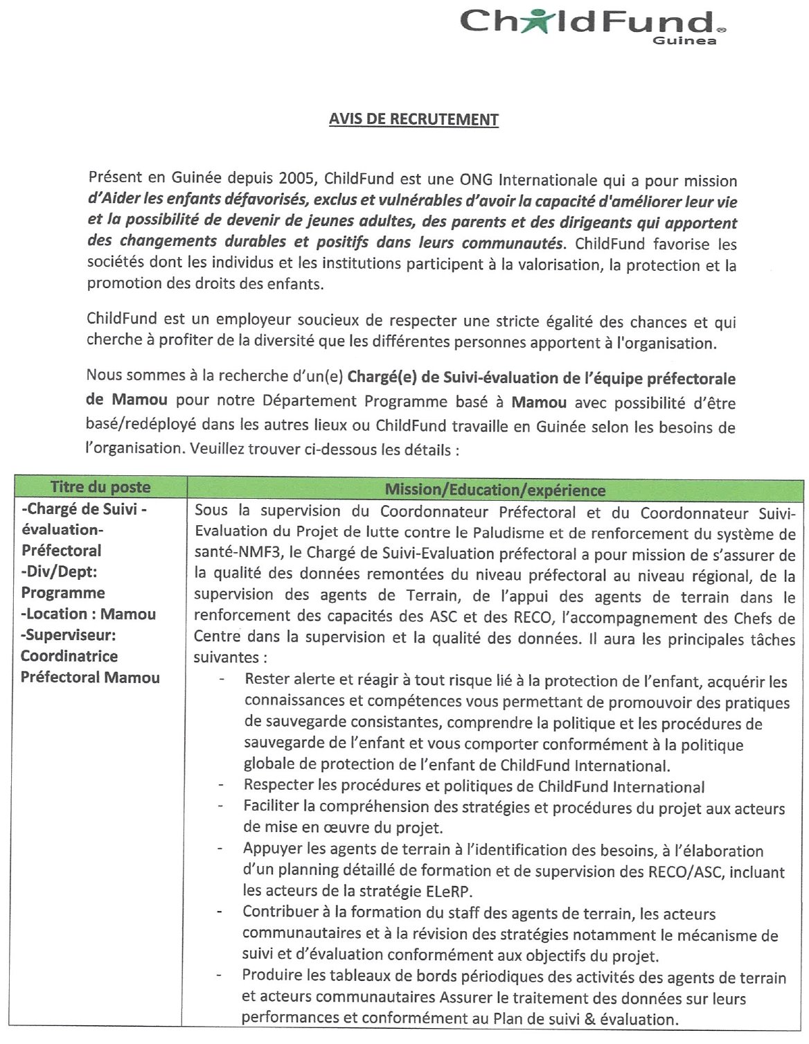 Avis de recrutement d’un(e) Chargé(e) de Suivi-évaluation de l’équipe préfectorale de Mamou | Page 1