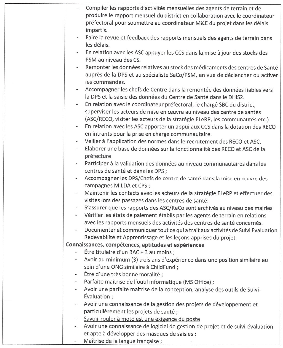 Avis de recrutement d’un(e) Chargé(e) de Suivi-évaluation de l’équipe préfectorale de Mamou | Page 2