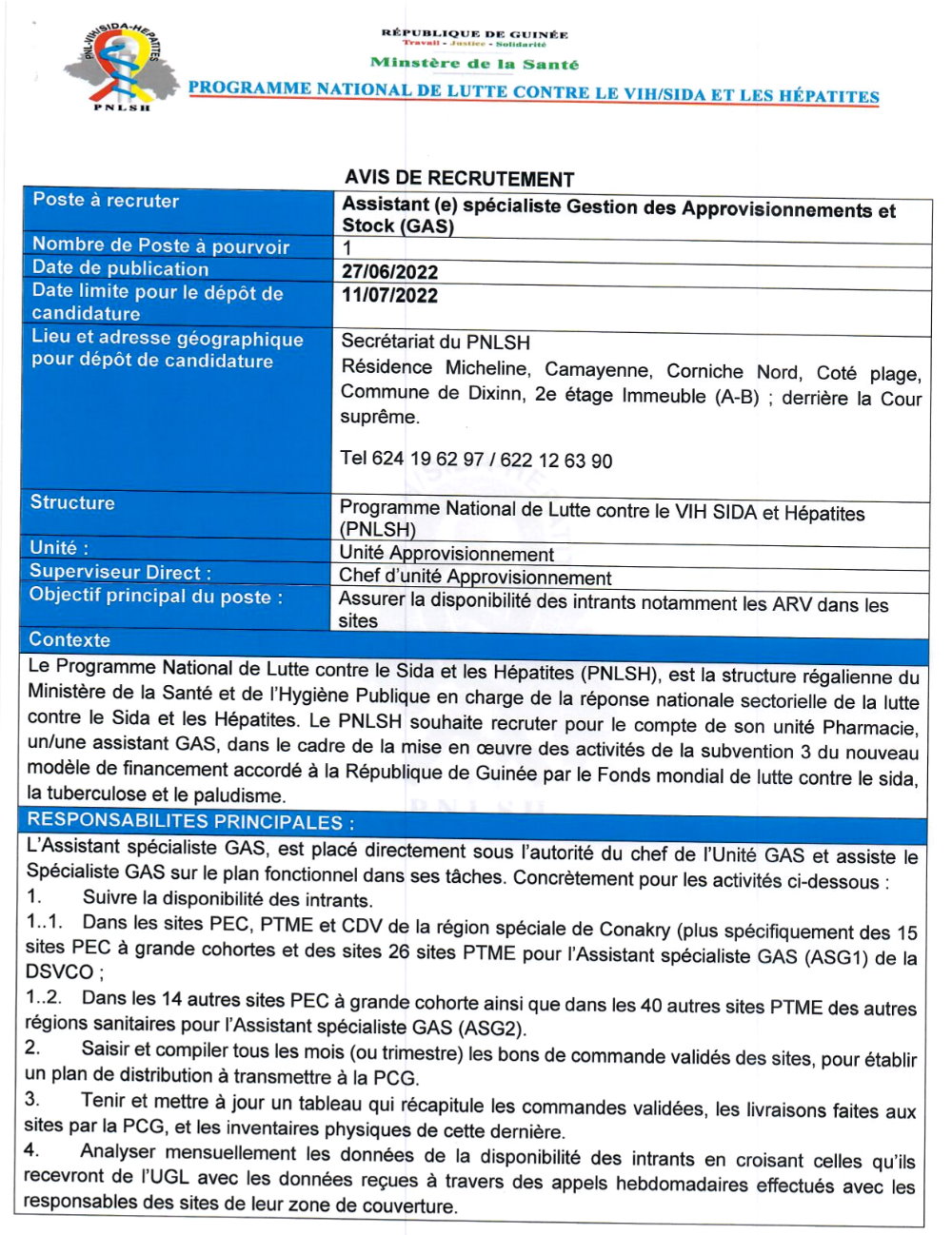 Avis de recrutement d'un Assistant (e) spécialiste Gestion des Approvisionnements et Stock (GAS) page 1