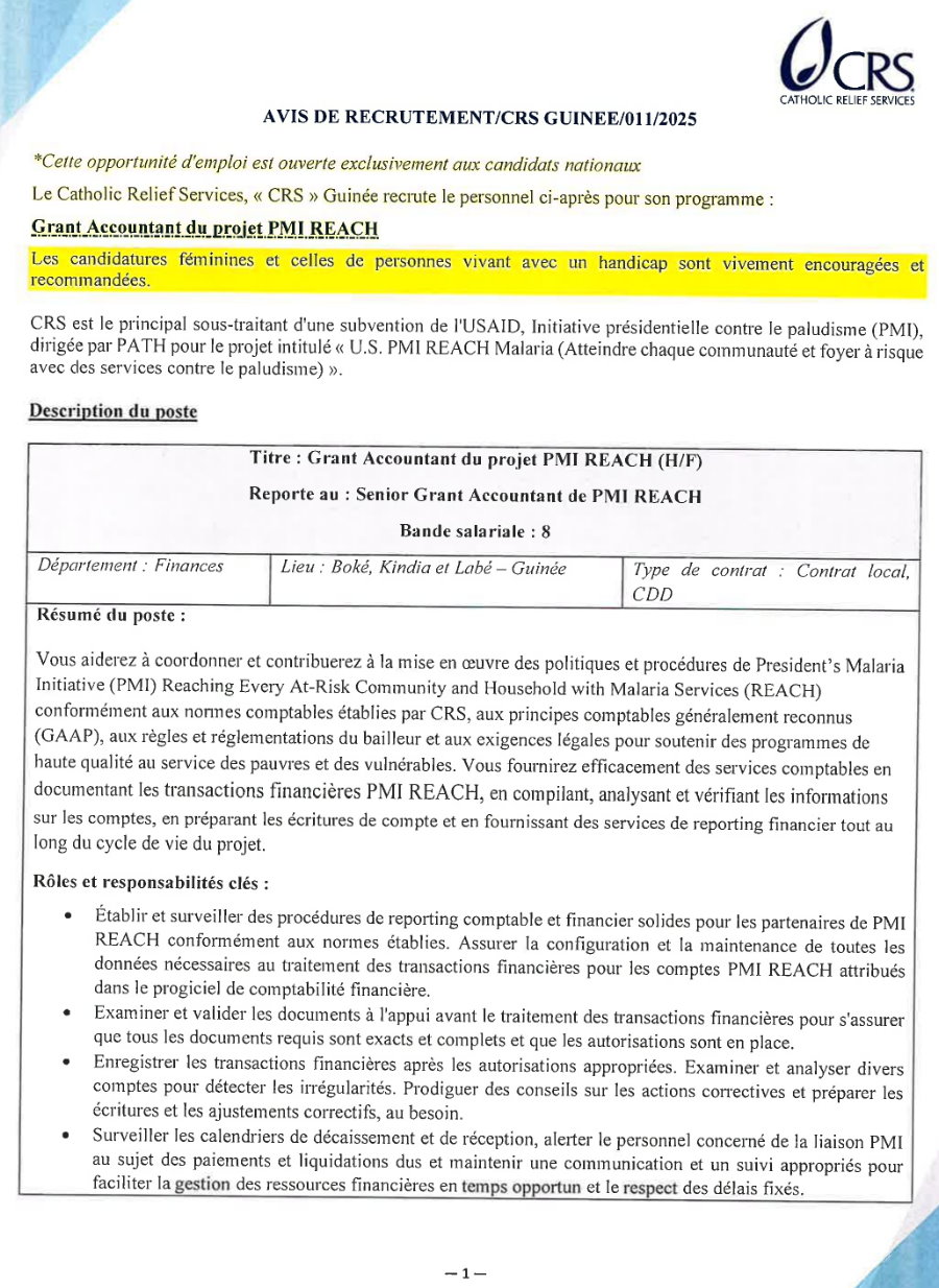 Recrutement D'un Grant Accountant du Projet PMI REACH | Page 1