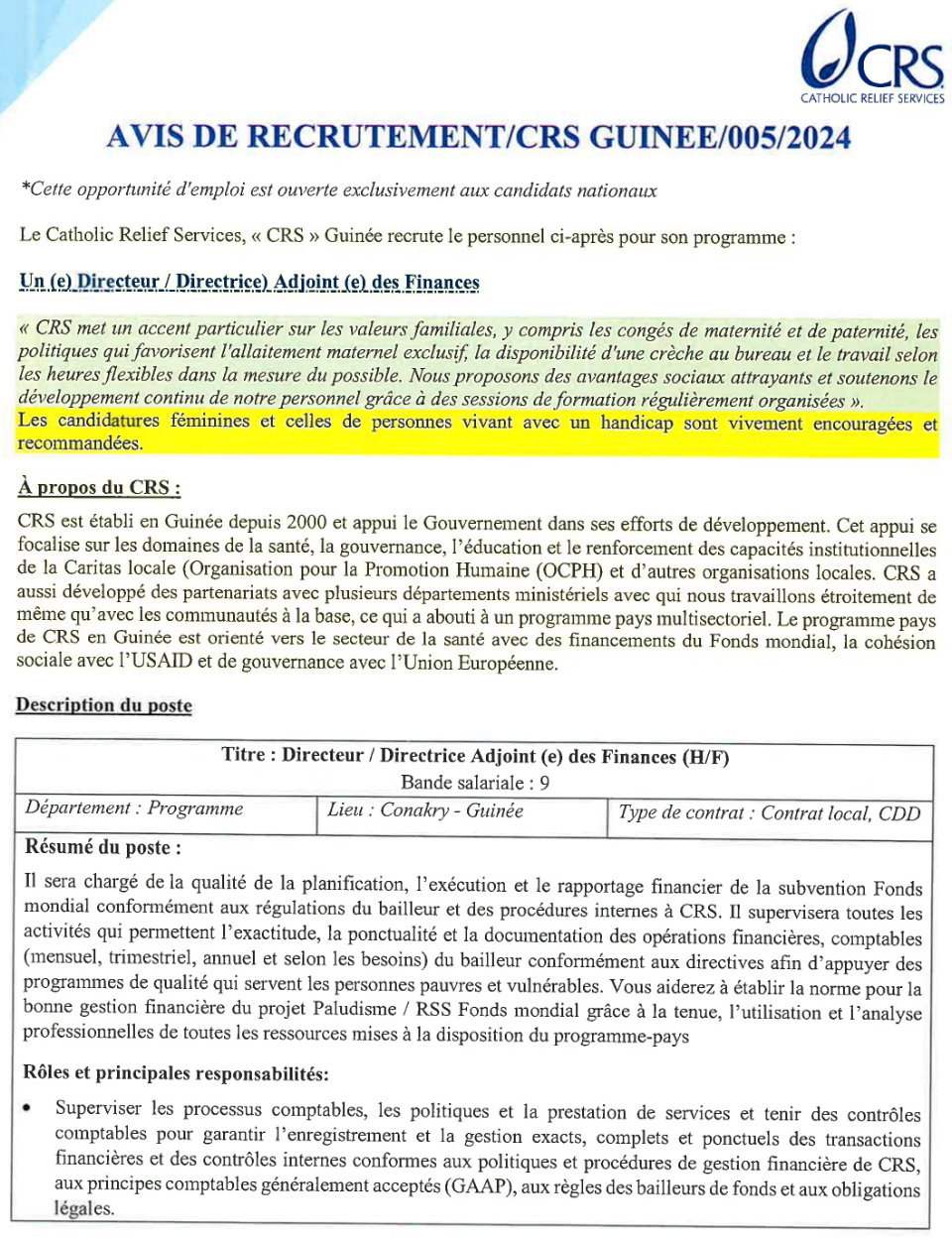 AVIS DE RECRUTEMENT D'UN DEPUTY FINANCE MANAGER | Page 1