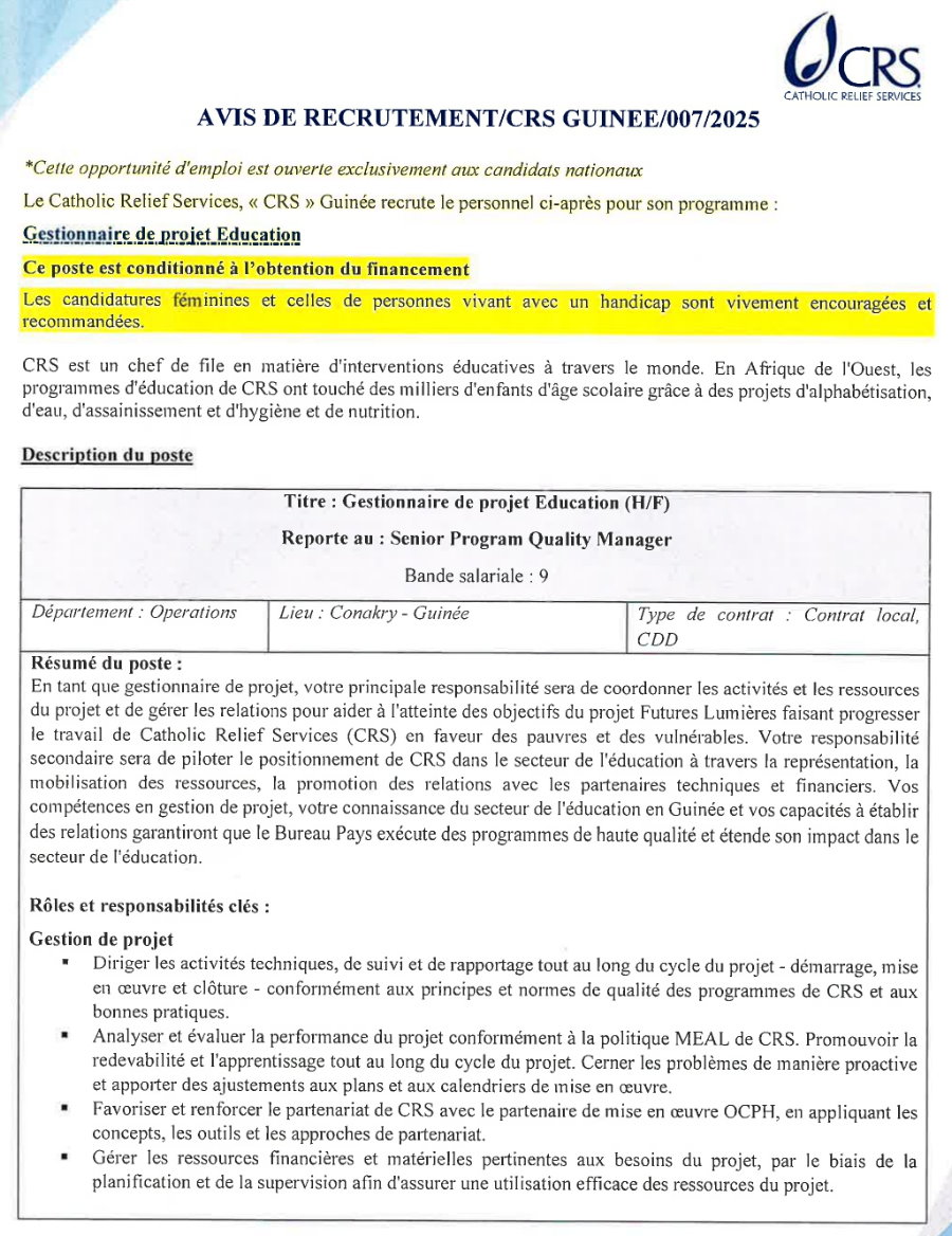 Recrutement d'un gestionnaire de projet éducation | Page 1