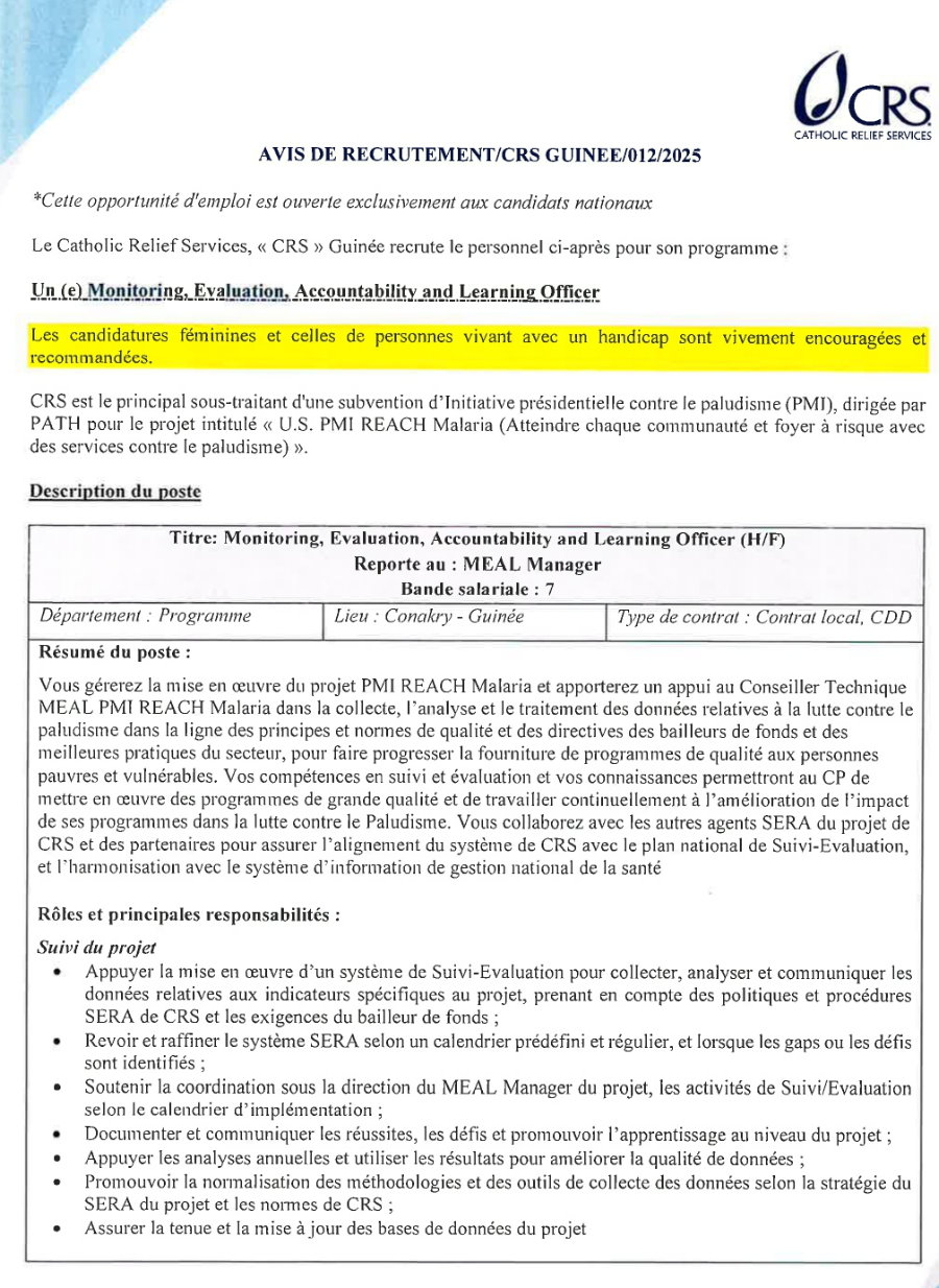 Recrutement D'un (e) Monitoring, Evaluation, Accountability and Learning Officer | Page 1