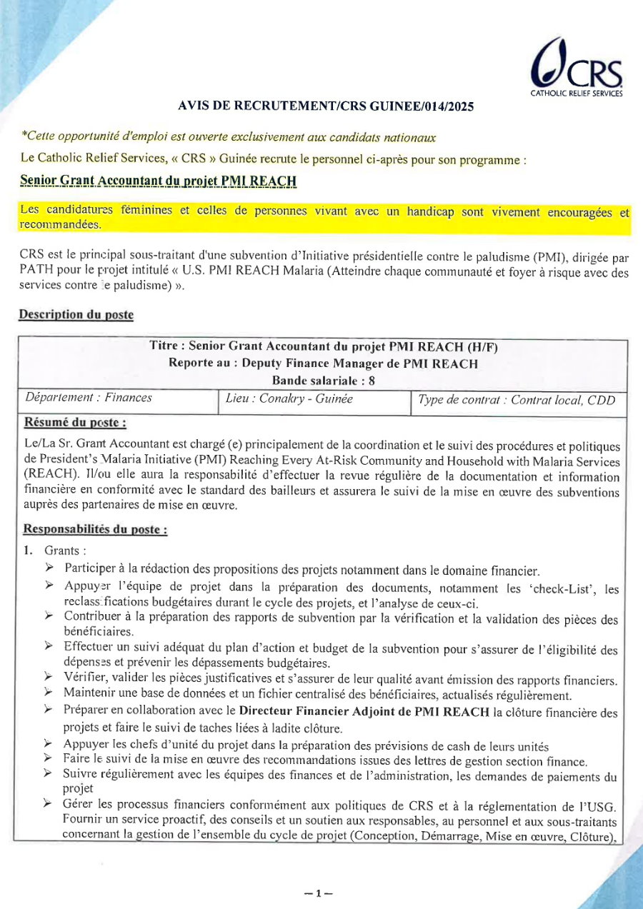 Recrutement D'un Senior Grant Accountant du projet PMI REACH | Page 1