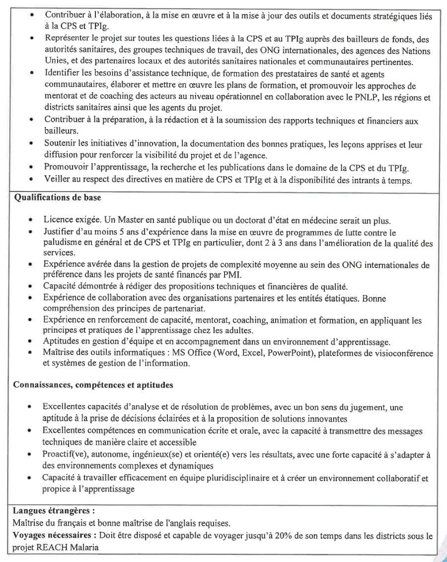 Avis de recrutement d'un Spécialiste Technique Chimio Prévention du paludisme Saisonnier (CPS) et Traitement préventif intermittent du paludisme pendant la grossesse (TPIg) (H/F) | Page 2