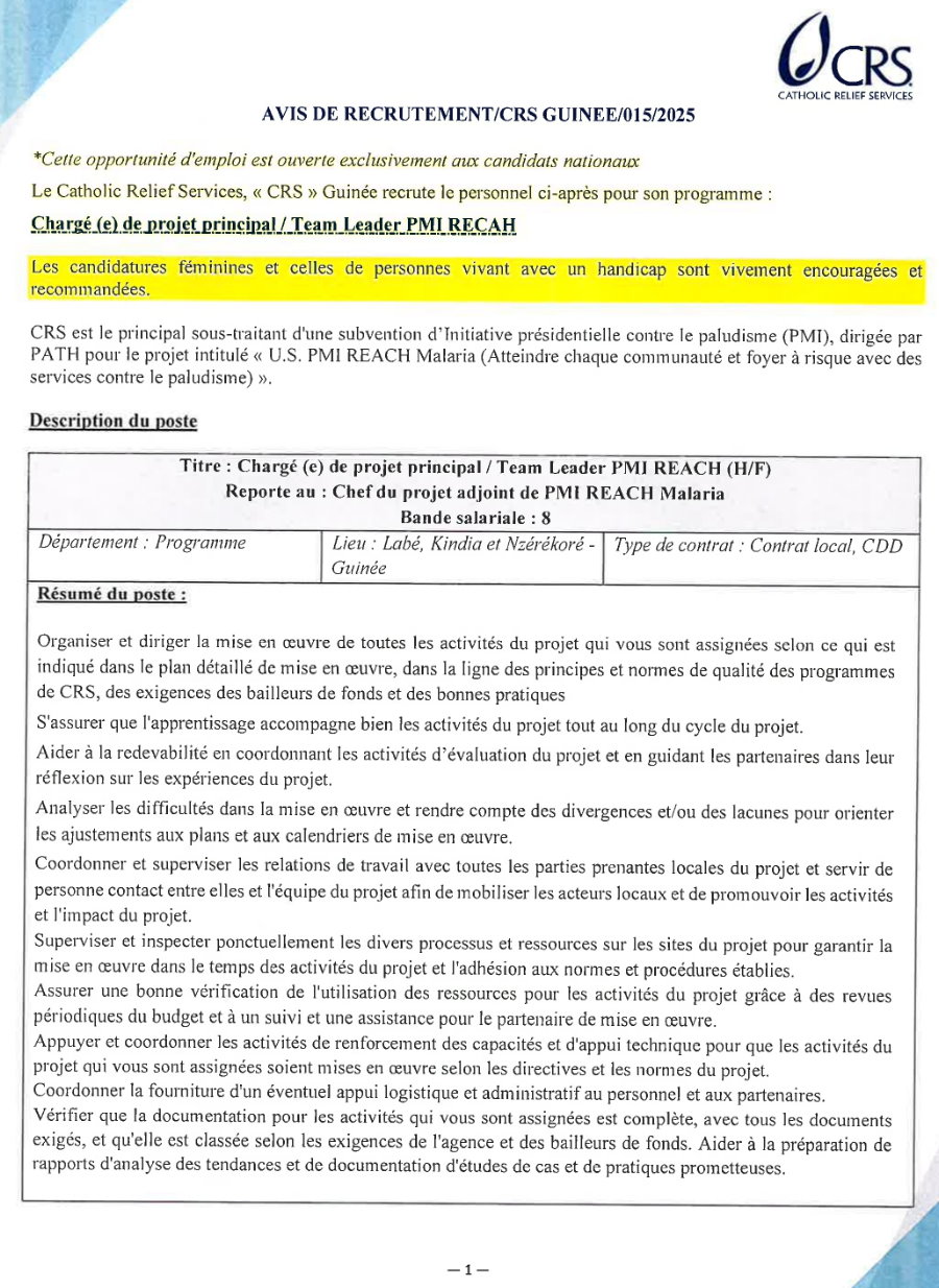 Recrutement D'un Chargé(e) de Projet Principal / Team Leader PMI REACH (H/F) | Page 1