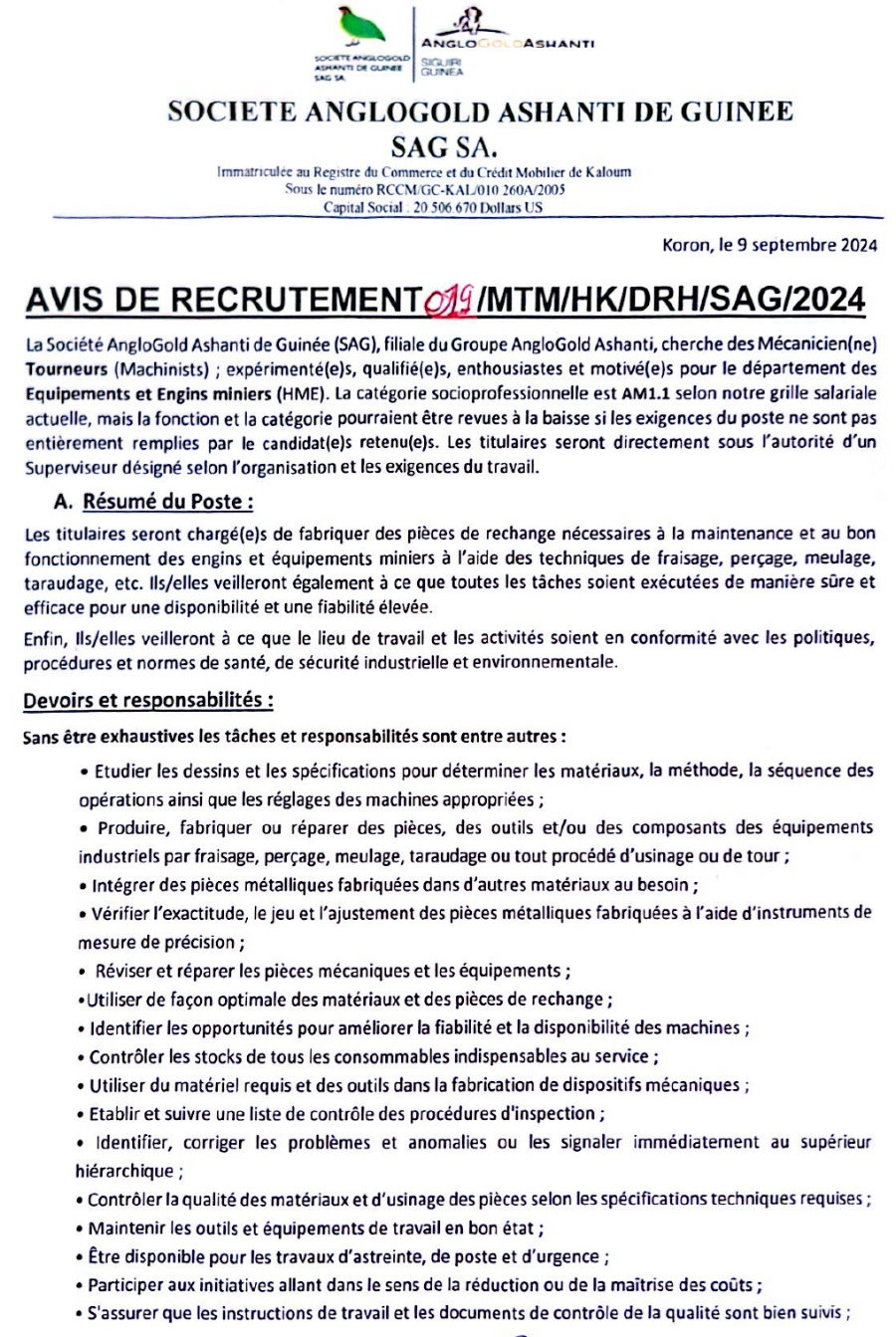 Avis de recrutement des Mécanicien(ne)s Tourneurs (Machinists) | Page 1