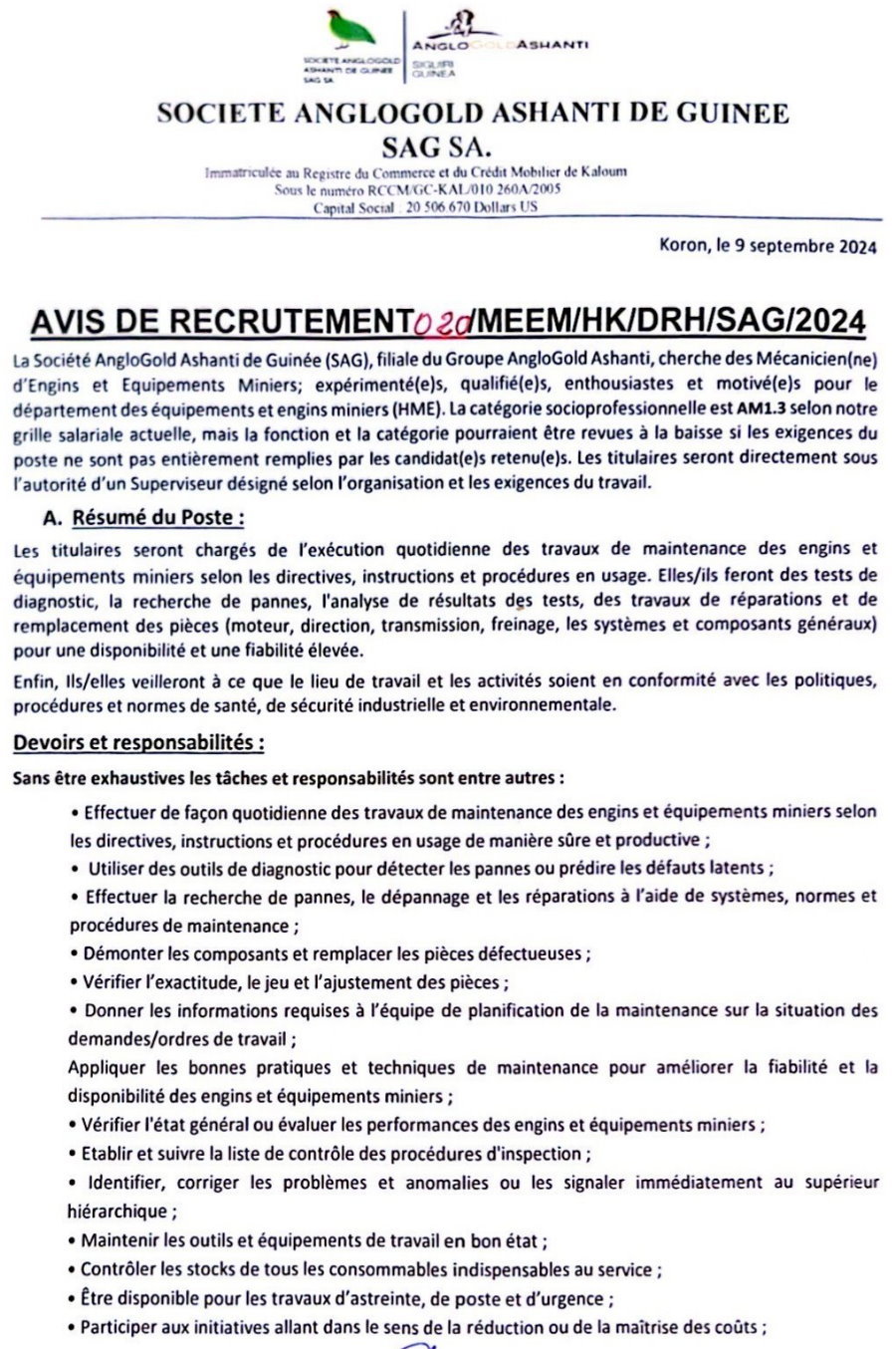 Avis de recrutement des Mécanicien(ne) d’Engins et Equipements Miniers | Page 1