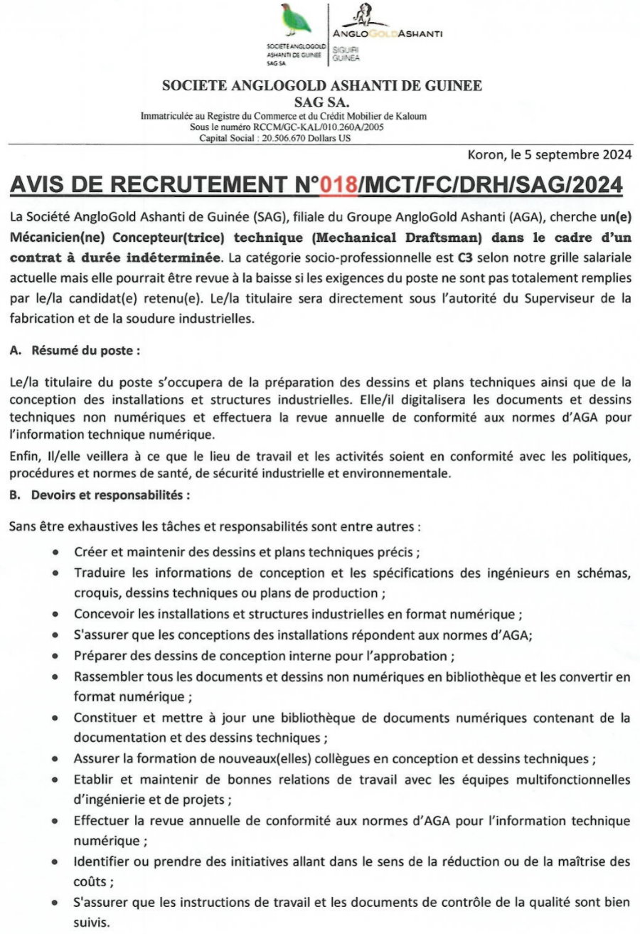 Avis de recrutement d'un(e) Mécanicien(ne) Concepteur(trice) technique (Mechanical Draftsman) dans le cadre d’un contrat à durée indéterminée | Page 1