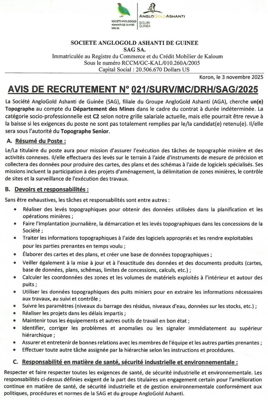 Avis de recrutement d'un(e) Topographe au compte du Département des Mines | Page 1