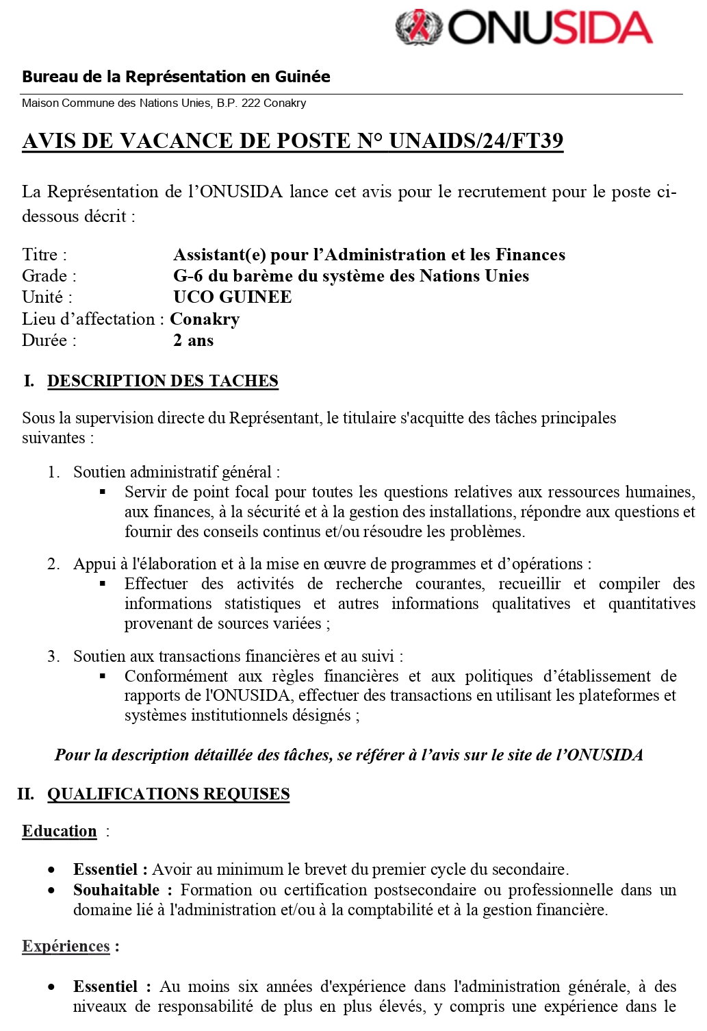 Avis de vacance de poste d'un Assistant(e) pour l’Administration et les Finances | Page 1