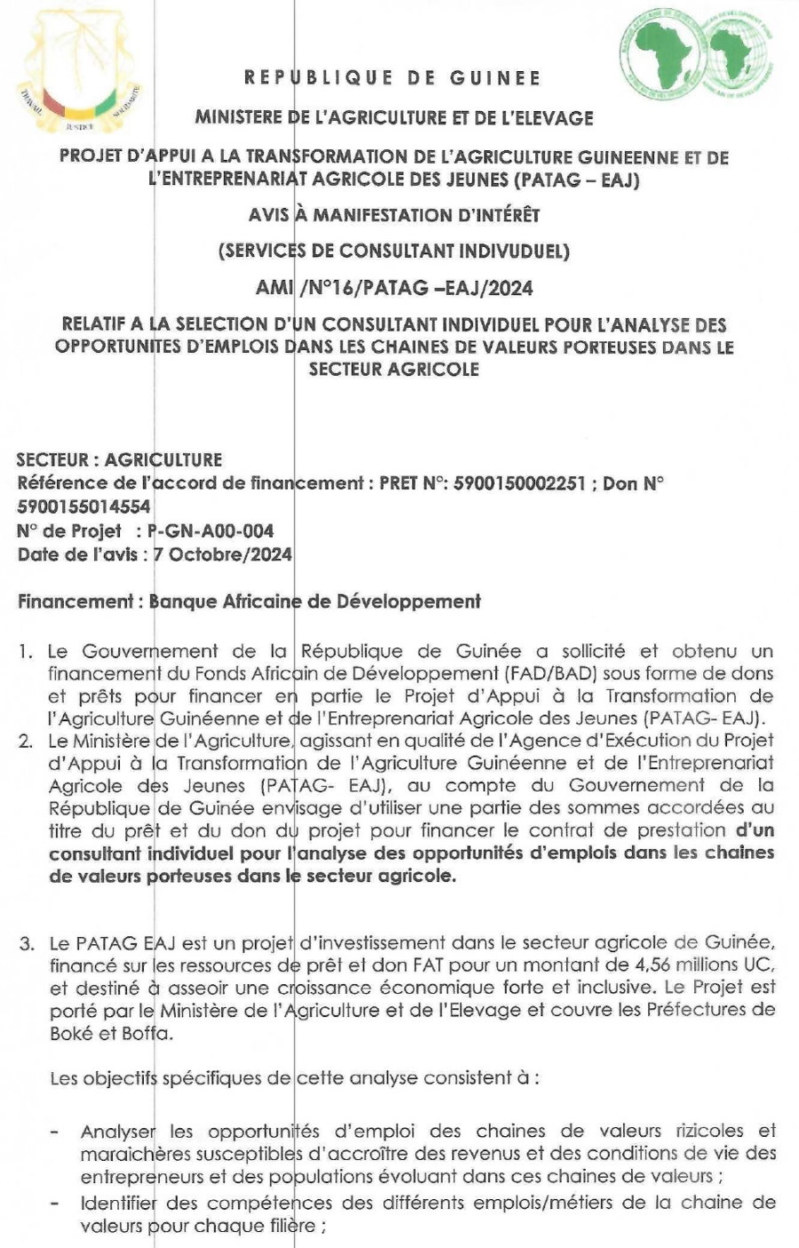 Avis À Manifestation D’intérêt (Services De Consultant Indivuduel) Ami Relatif A La Selection D’un Consultant Individuel Pour L’analyse Des Opportunites D’emplois Dans Les Chaines De Valeurs Porteuses Dans Le Secteur Agricole | Page 1