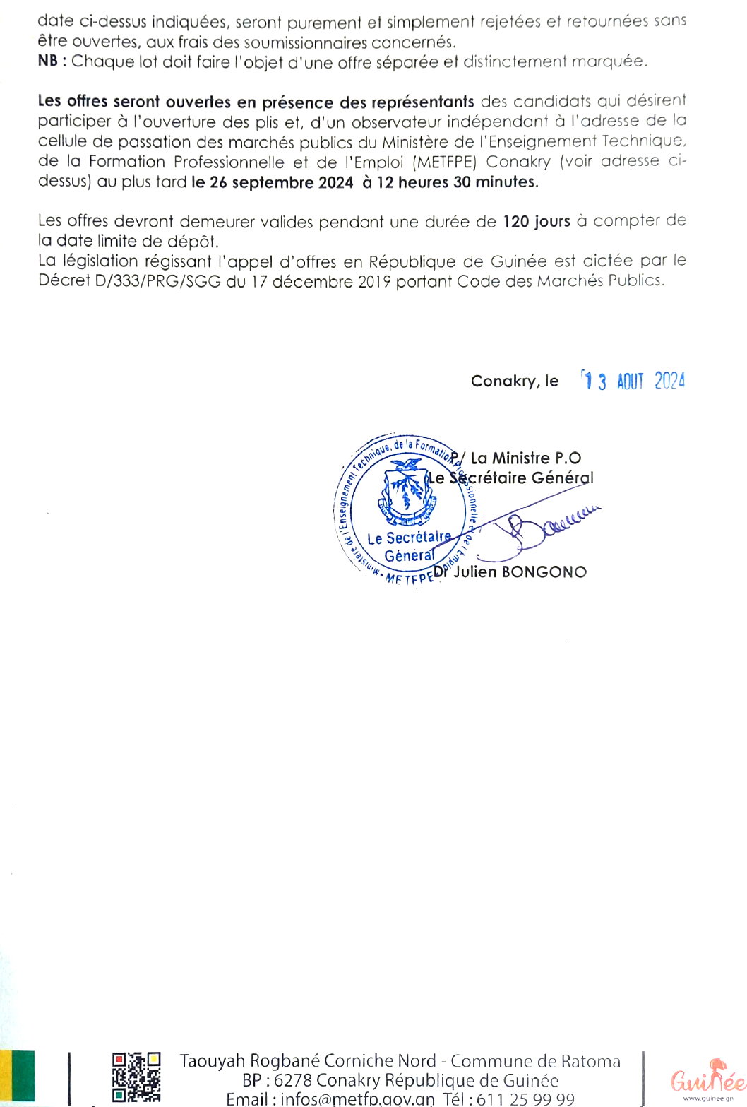 Avis De Préqualification pour l'acquisition d'équipements appropriés aux filières enseignées pour le compte du Centre de Formation Professionnelle (CFP) de Donka, de Matoto, de Lambayi, de Kindia, de Bordo (Kankan), de Faranah, de Guéckédou, de Hochimin (Kankan), de Labé et l'acquisition d'équipements de vingt (20) ateliers de dix (10) Centres de Formation Professionnelles | Page 3