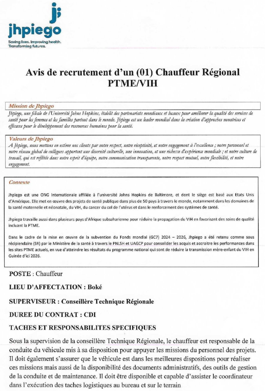 Avis de recrutement d'un (01) Chauffeur Régional PTM E/VIH | Page 1