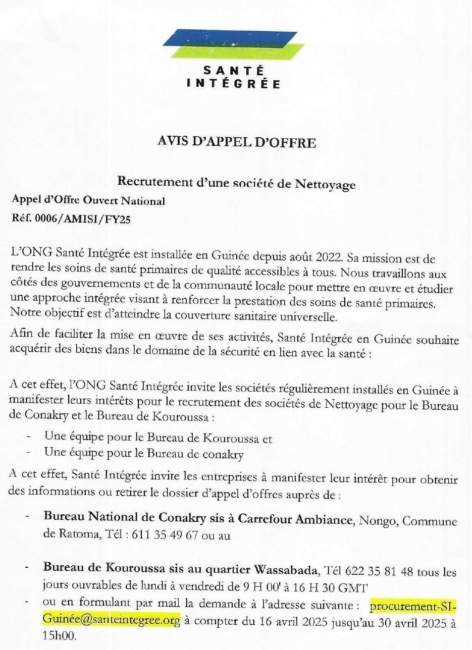 Recrutement des sociétés de Nettoyage pour le Bureau de Conakry et le Bureau de Kouroussa | Page 1