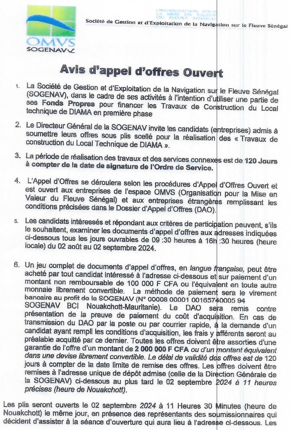 Avis d'appel d 'offres Ouvert Pour la réalisation des « Travaux de construction du Local Technique de DIAMA » | Page 1