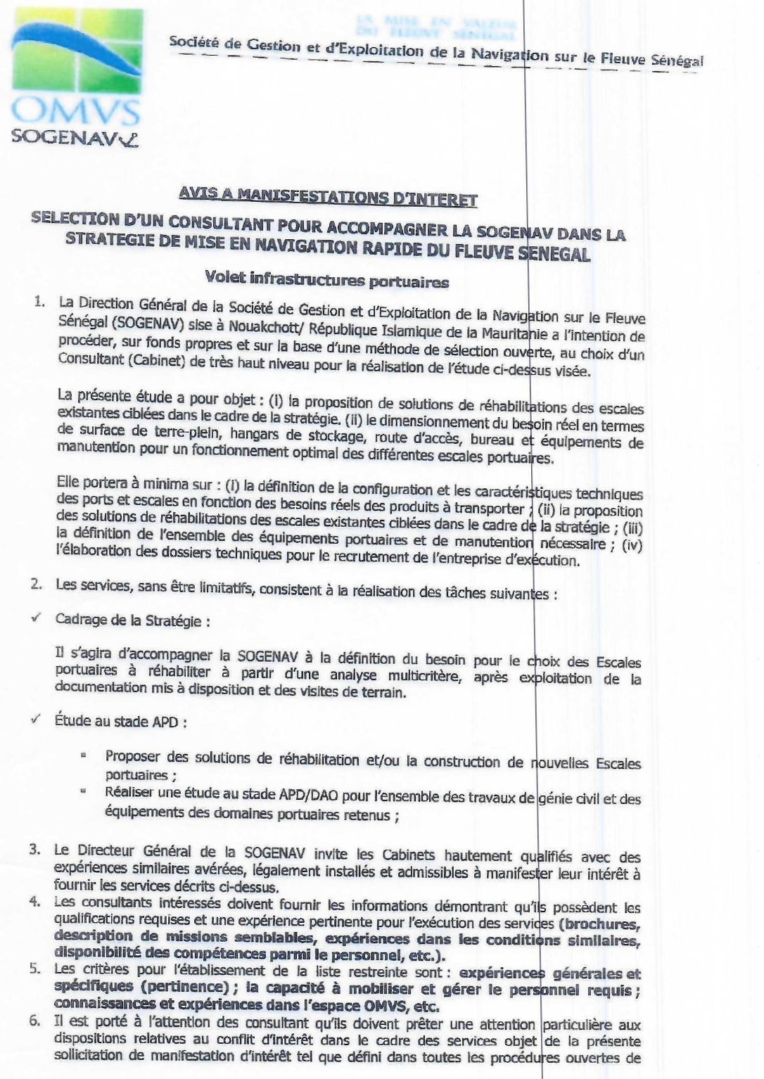 AVIS A MAMSFESTATIONS DINTERET SELECTION D'UN CONSULTANT POUR ACCOMPAGNER LA SOGE AV DANS LA STRATEGIE DE MISE EN NAVIGATION RAPIDE DU FLEUVE SENEGAL | Page 1