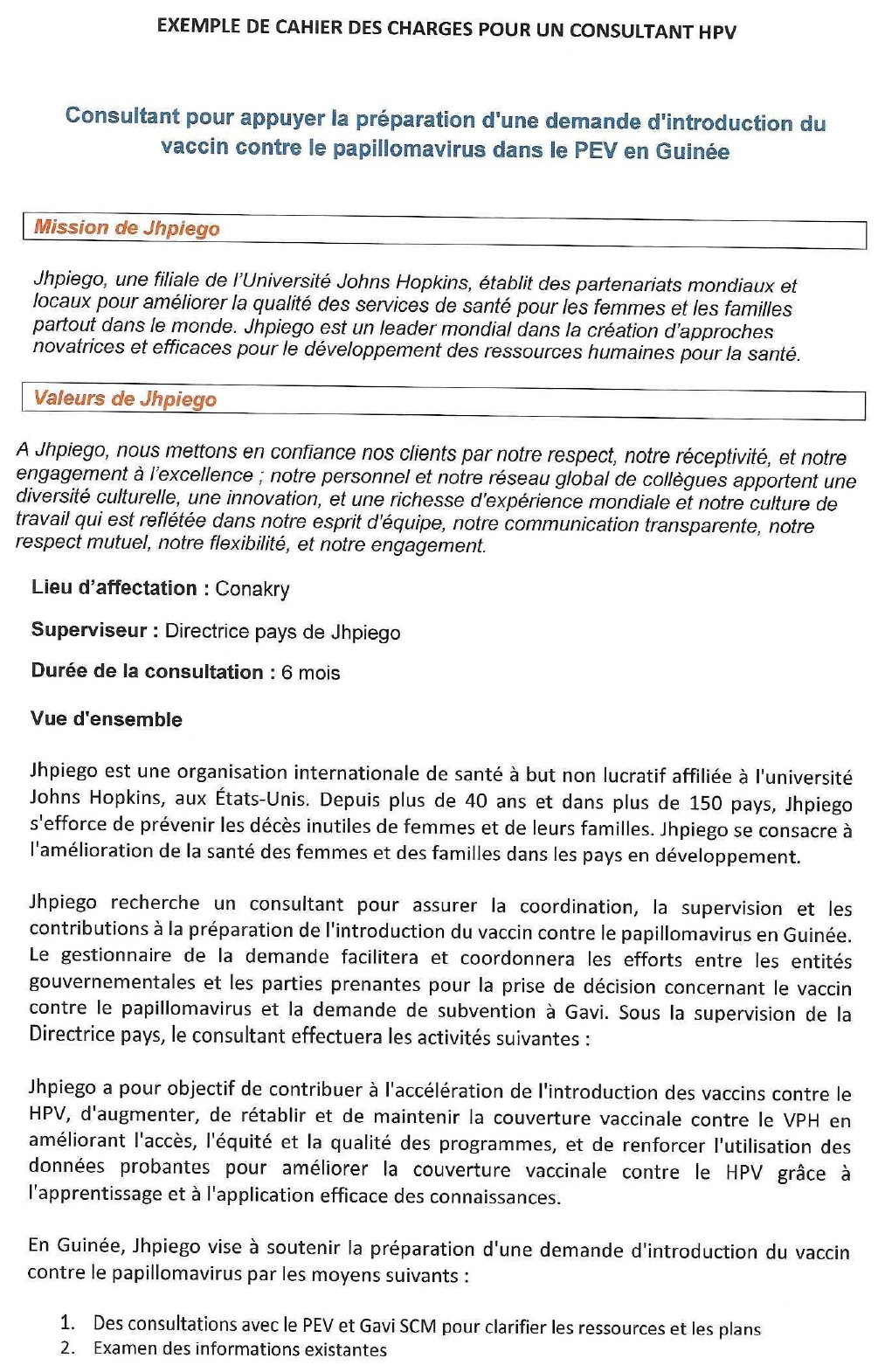 Avis de recrutement d'un Consultant pour appuyer la préparation d'une demande d'introduction du vaccin contre le papillomavirus dans le PEV en Guinée | Page 1