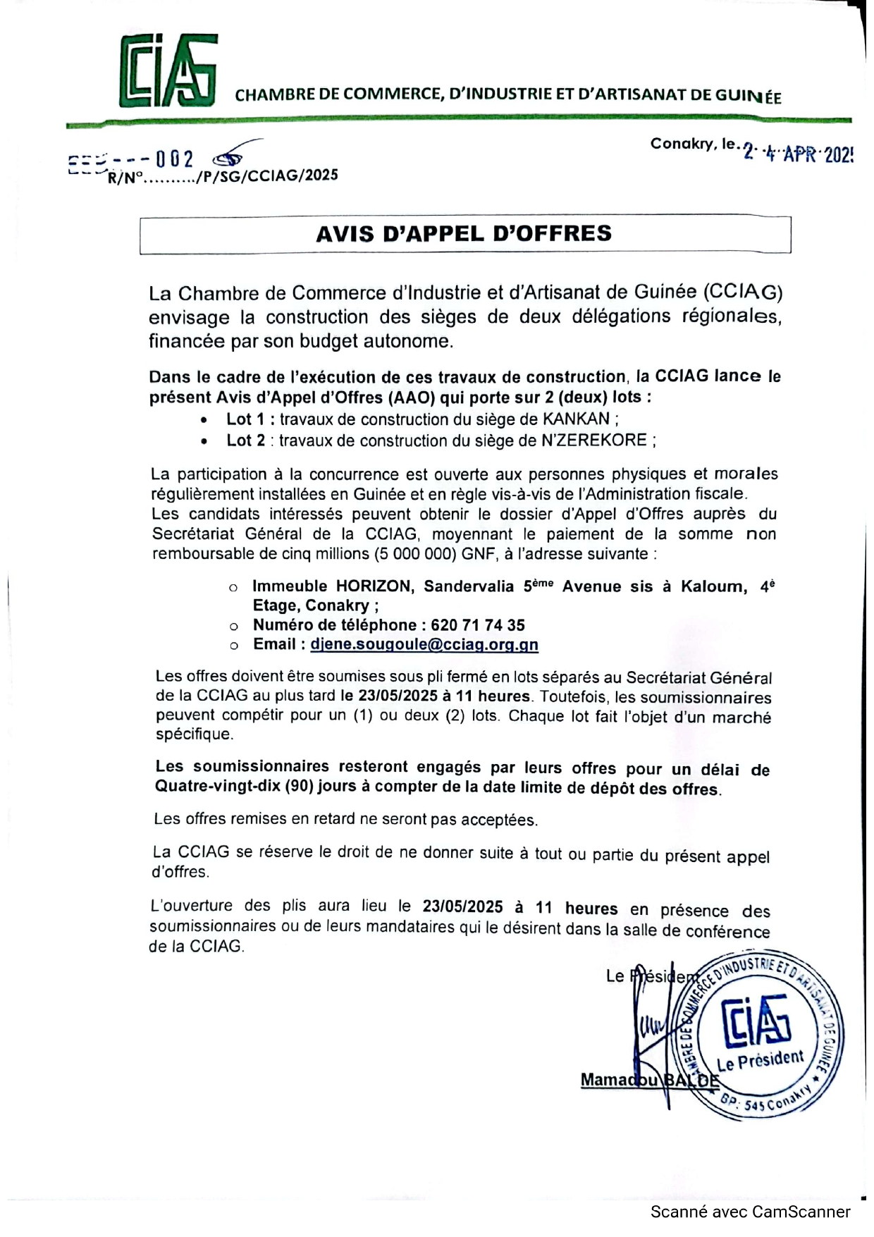 Avis d'Appel d'Offres (AAO) qui porte sur 2 (deux) lots : Lot 1 : travaux de construction du siège de KANKAN ; Lot 2 travaux de construction du siège de N'ZEREKORE