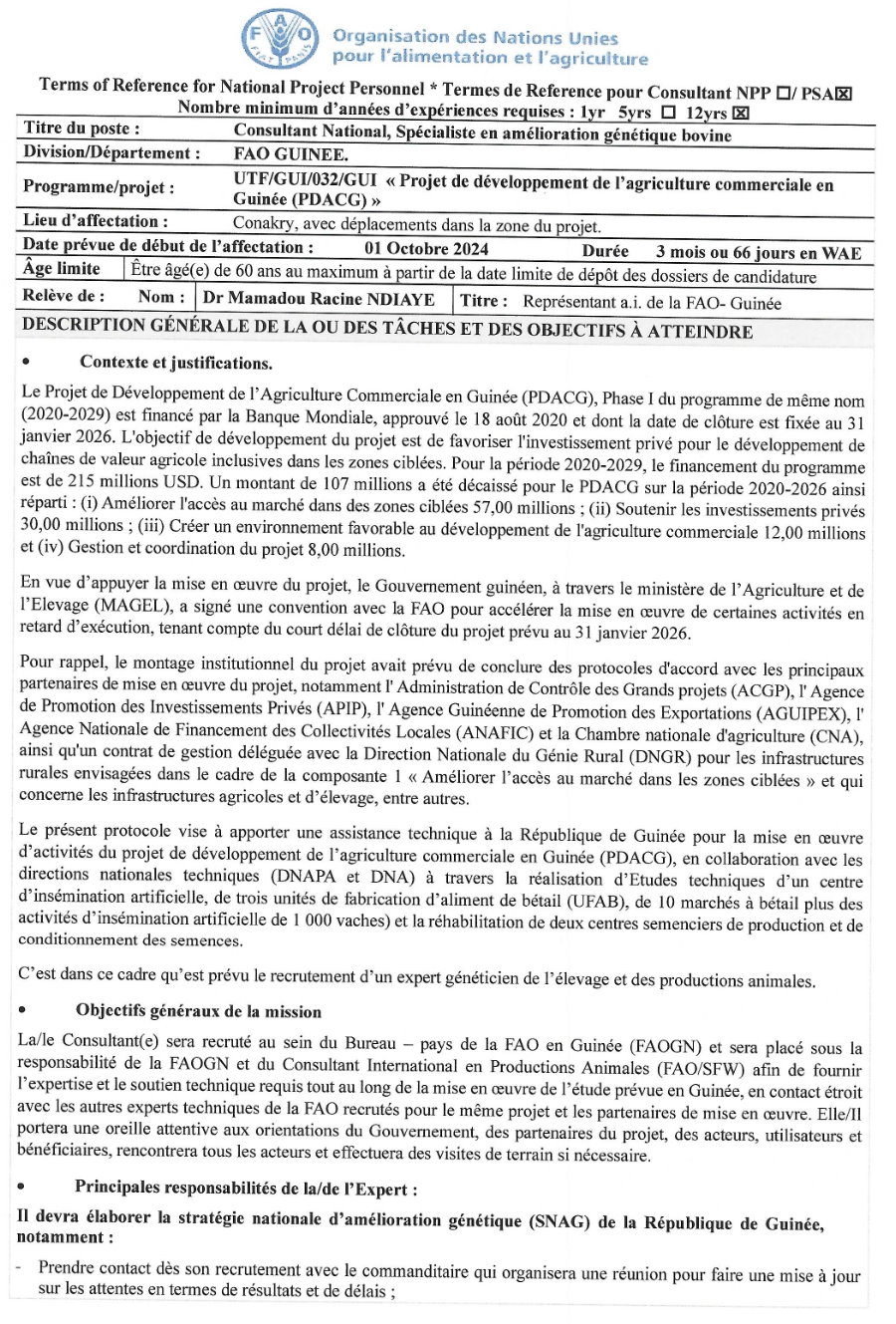 recrutement d'un Consultant National, Spécialiste en amélioration génétique bovine | Page 1