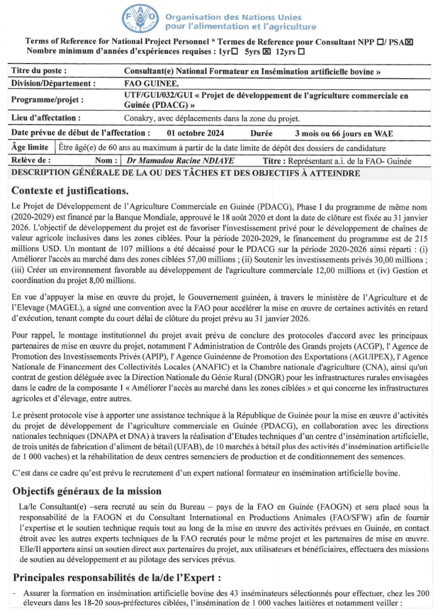 Termes de références pour le recrutement d'un Consultant(e) National Formateur en Insémination artificielle bovine » | Page 1