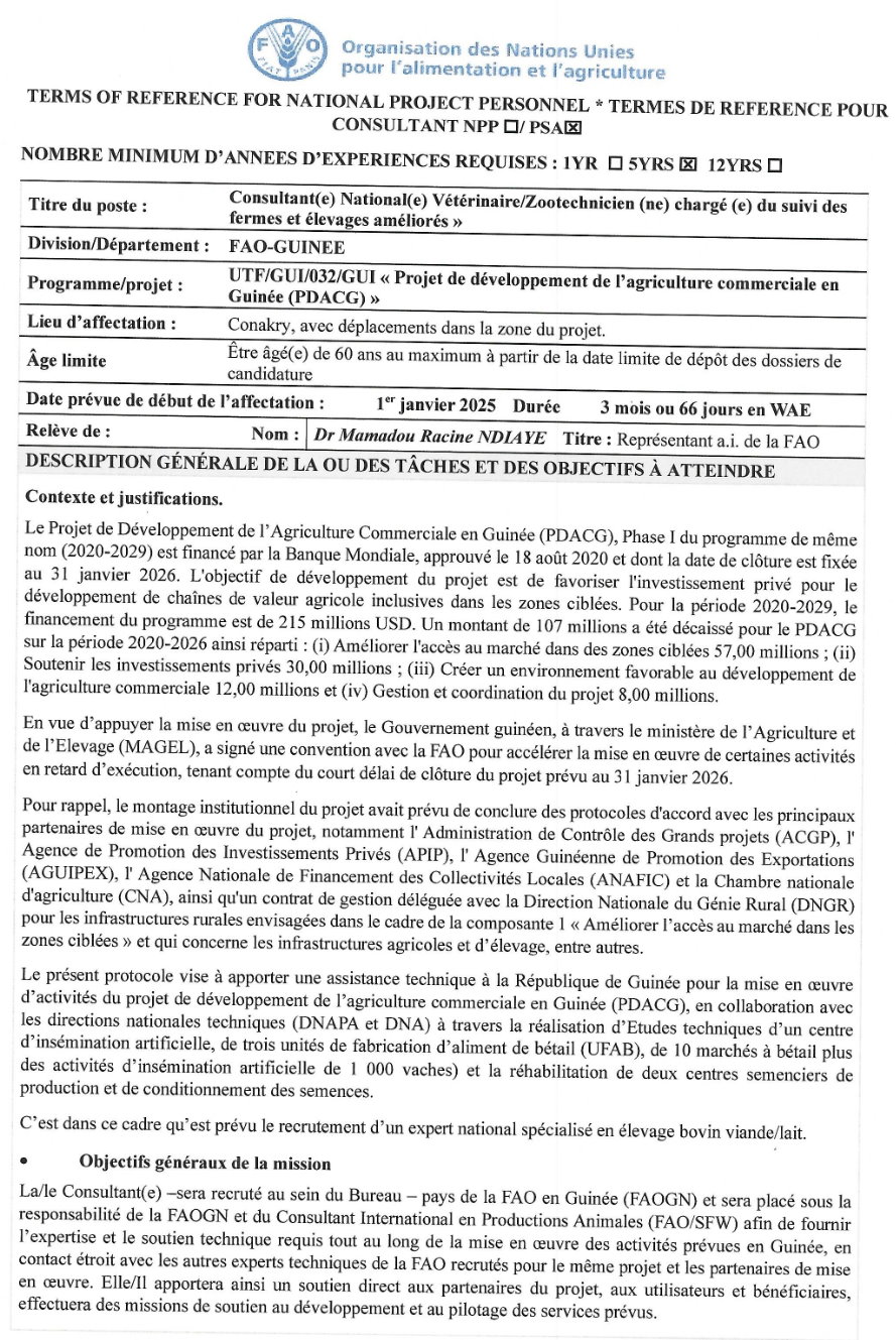 recrutement d'un Consultant(e) National(e) Vétérinaire/Zootechnicien (ne) chargé (e) du suivi des fermes et élevages améliorés | Page 1