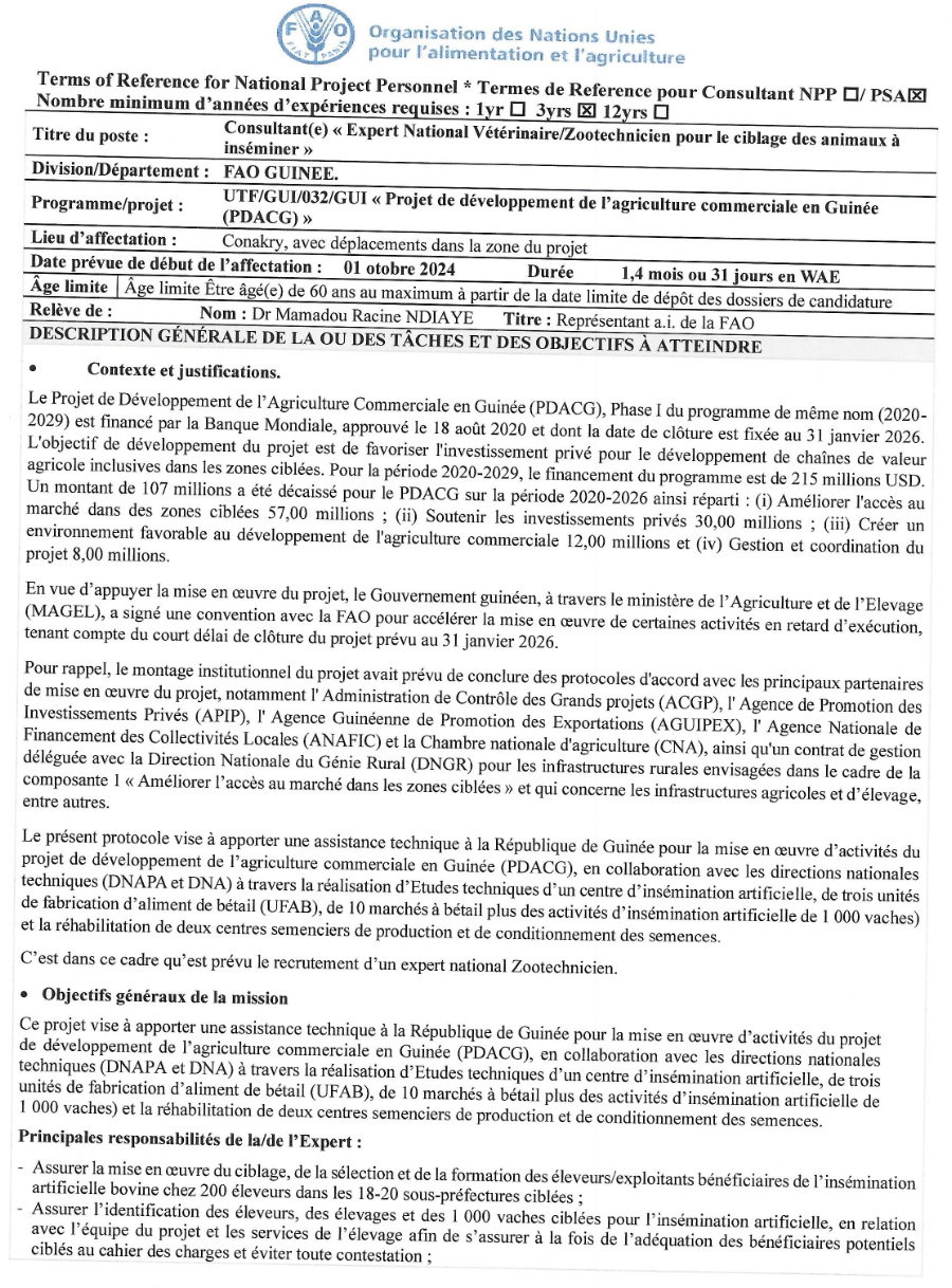  recrutement d'un Consultant(e) National(e) Vétérinaire/Zootechnicien (ne) chargé (e) du suivi des fermes et élevages améliorés | Page 1