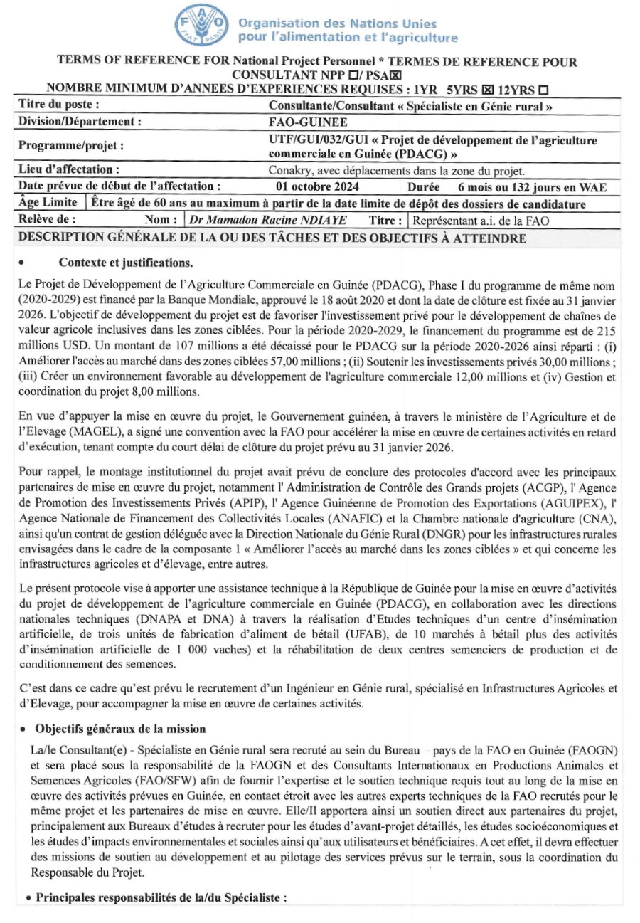 Termes de références pour le recrutement d'un Consultante/Consultant « Spécialiste en Génie rural » | Page 1