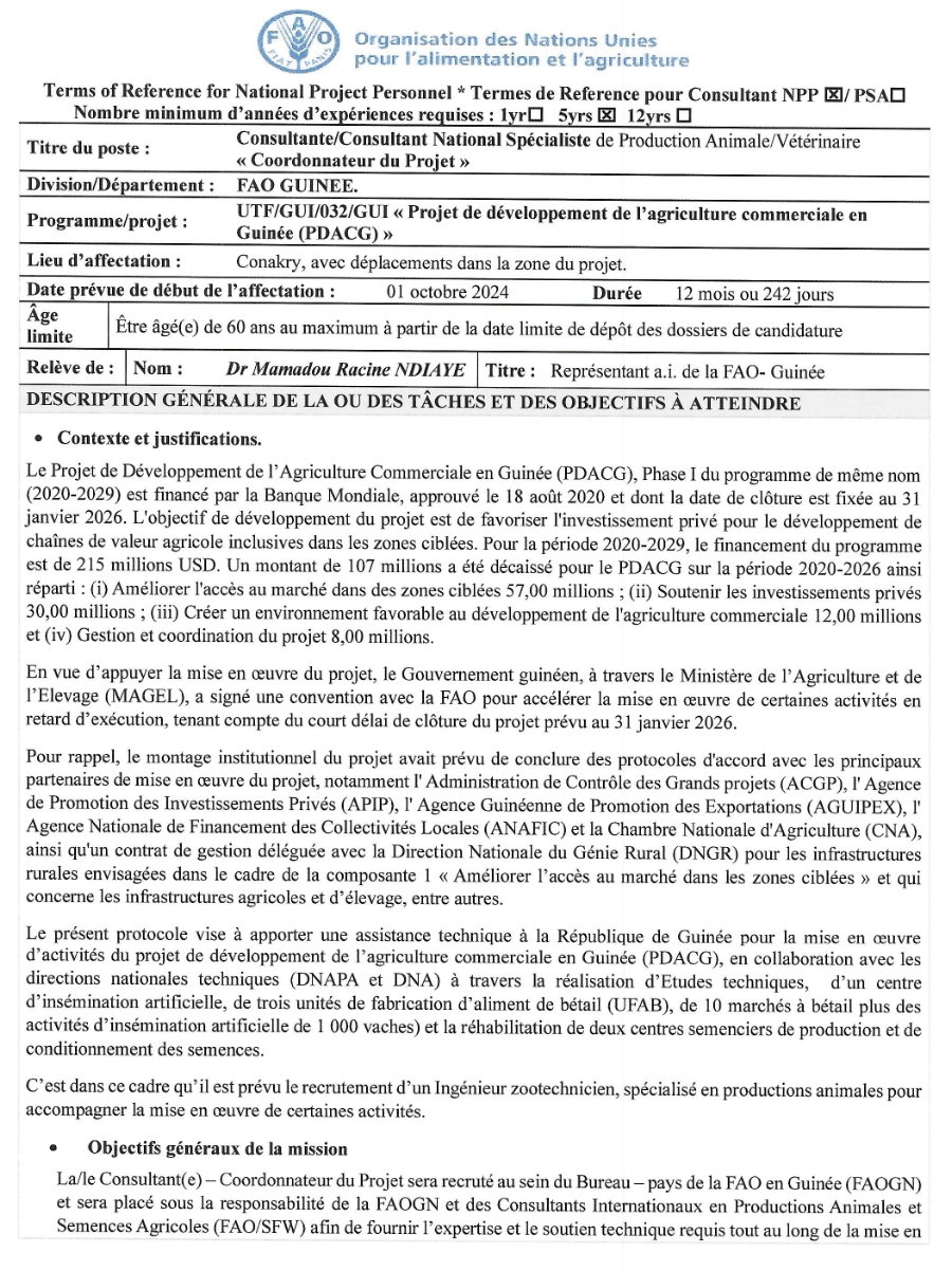 Recrutement d'un Consultante/Consultant National Spécialiste de Production Animale/Vétérinaire « Coordonnateur du Projet » | Page 1