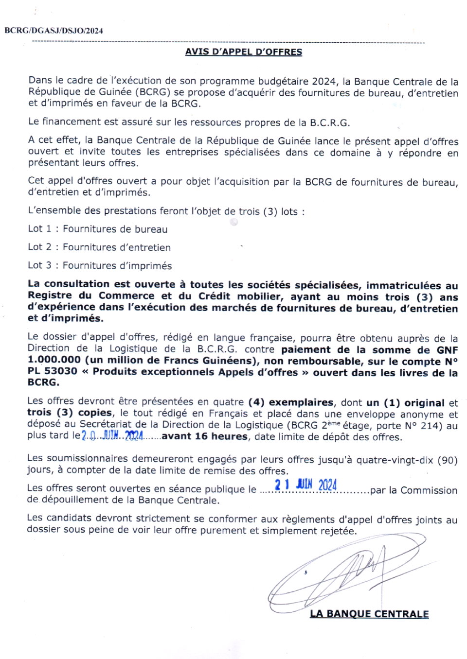 Avis d'appel d'offres pour l’acquisition des fournitures de bureau, d’entretien et d’imprimés en faveur de la Banque Centrale