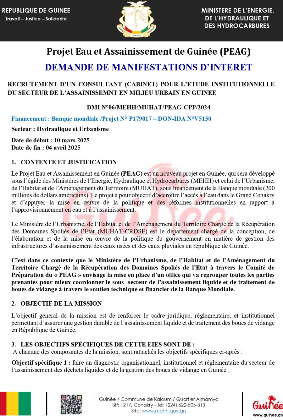 RECRUTEMENT D’UN CONSULTANT (CABINET) POUR L’ETUDE INSTITUTIONNELLE DU SECTEUR DE L’ASSAINISSEMNT EN MILIEU URBAIN EN GUINEE | Page 1