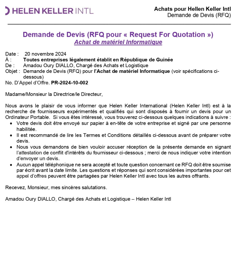 Demande de Devis (RFQ pour « Request For Quotation ») pour l'Achat de matériel Informatique | Page 1