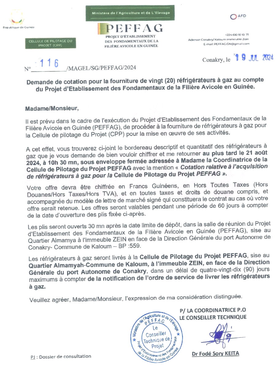 DEMANDE DE COTATIONS POUR LA PASSATION DES MARCHES DE FOURNITURES DE 20 REFIGERATEURS A GAZ au compte du Projet d’Etablissement des Fondamentaux de la Filière Avicole en Guinée (PEFFAG) 