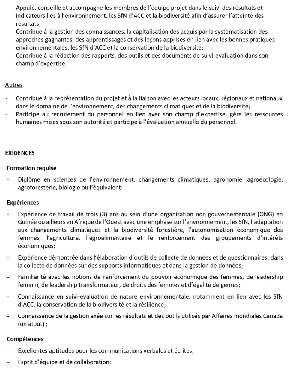 Poste de responsable en environnement et changements climatiques du projet Femmes Pro-Forêts : Projet d’adaptation aux changements climatiques dans le Parc national du Moyen-Bafing (FproF) en Guinée | Page 3