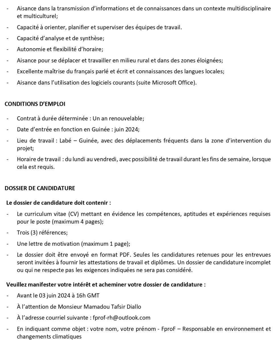 Poste de responsable en environnement et changements climatiques du projet Femmes Pro-Forêts : Projet d’adaptation aux changements climatiques dans le Parc national du Moyen-Bafing (FproF) en Guinée | Page 4