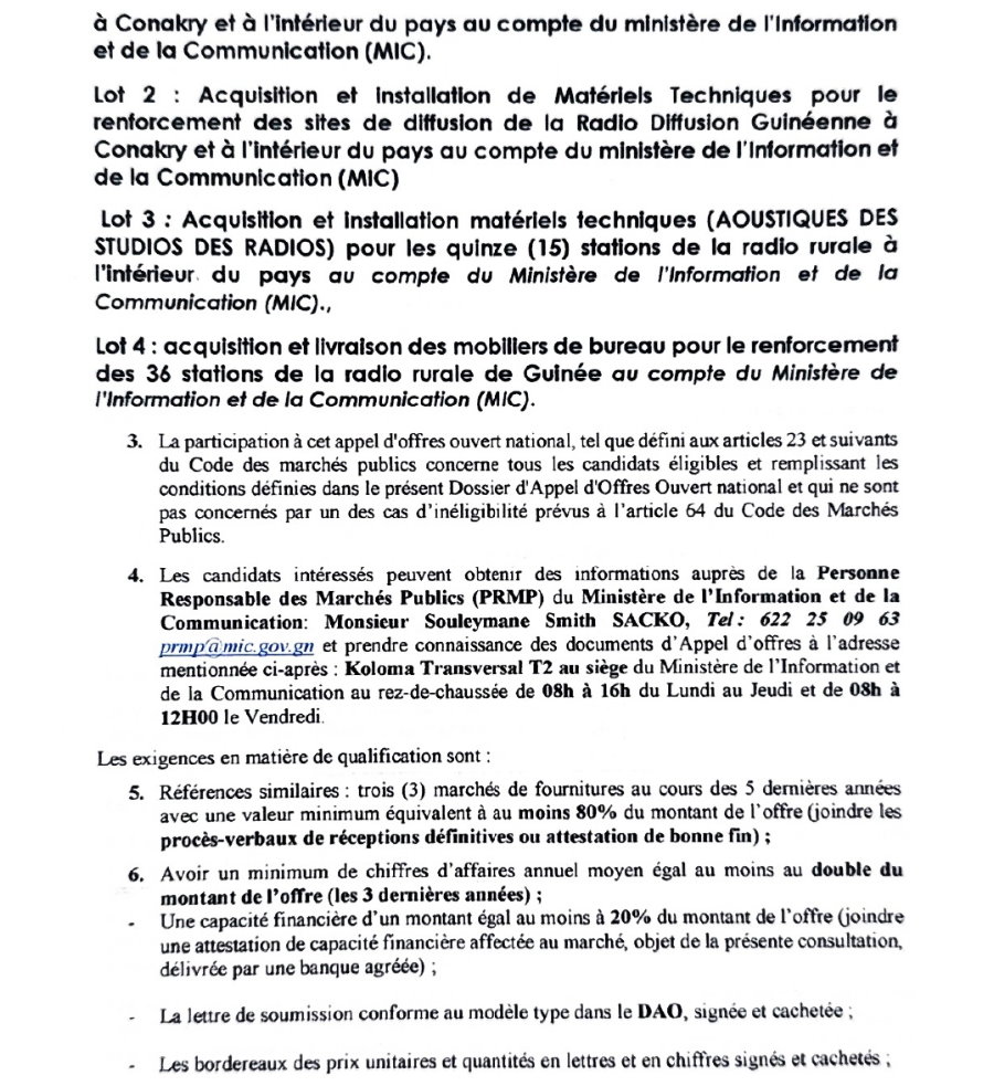 Avis d'appel d'offres ouvert pour l'Acquisition et installation de Matériels Techniques et acquisition et livraison des mobiliers de bureau | Page 2