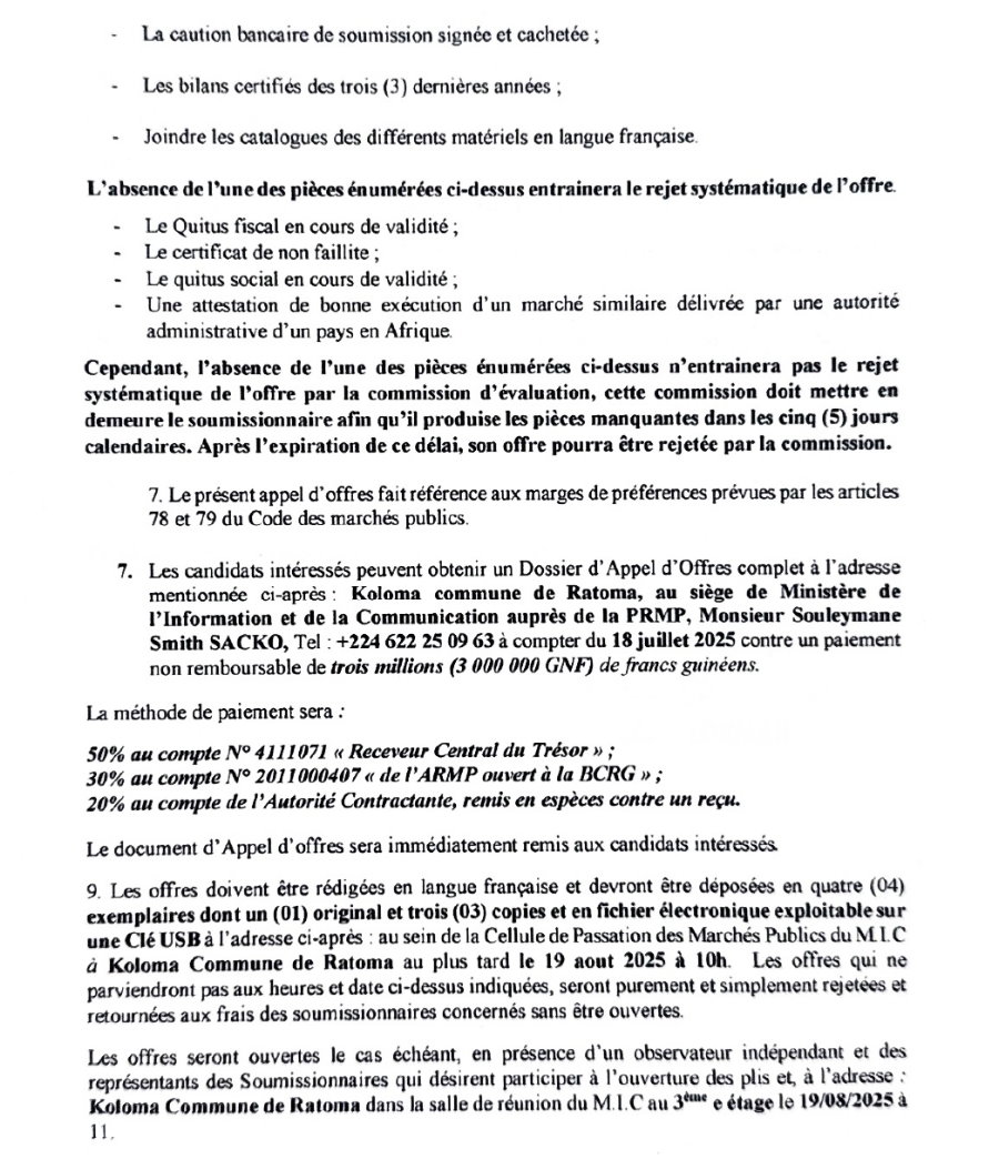 Avis d'appel d'offres ouvert pour l'Acquisition et installation de Matériels Techniques et acquisition et livraison des mobiliers de bureau | Page 3