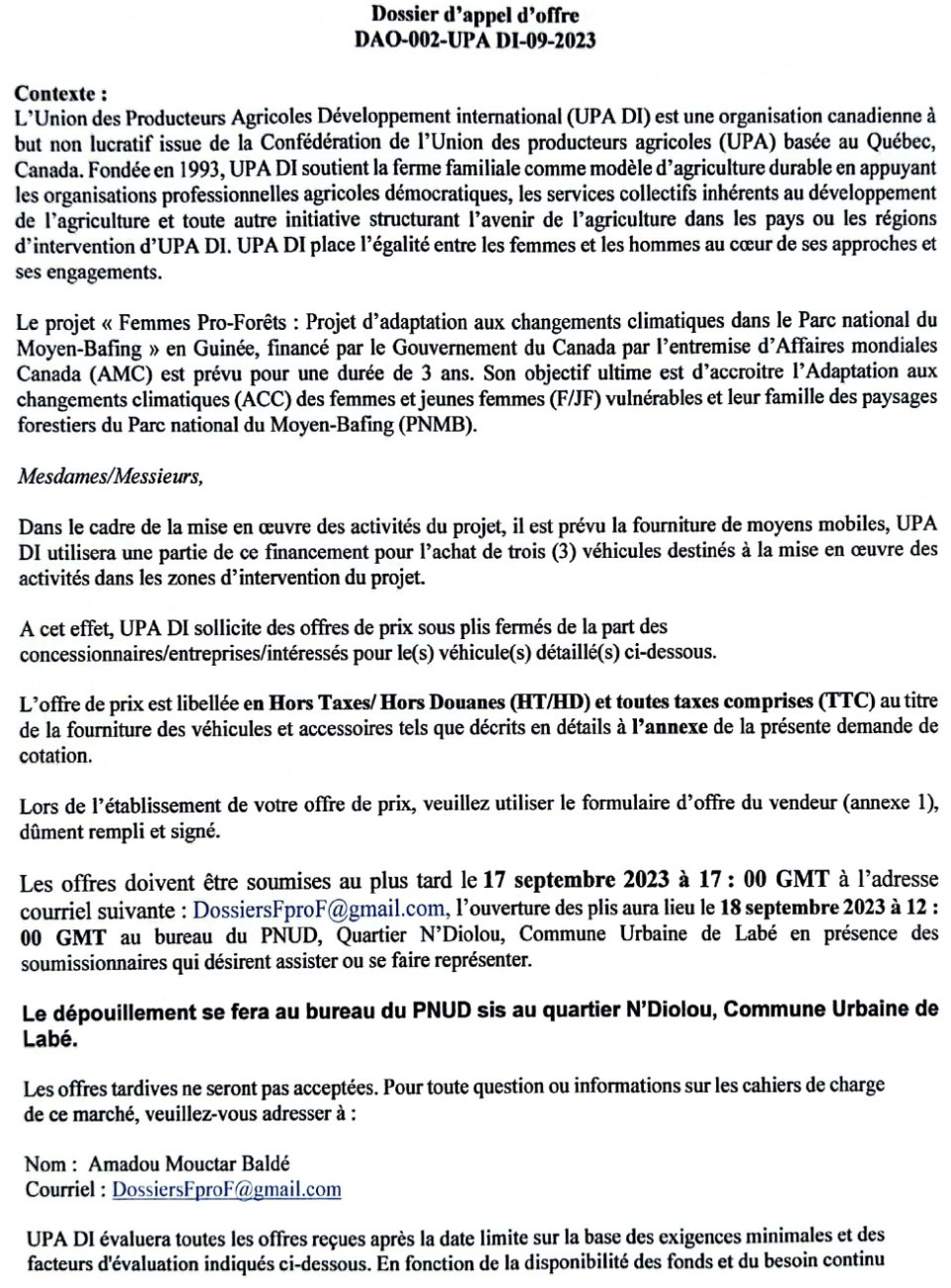 L'acquisition De Trois (3) Véhicules 4x4 Au Compte De UPA DI | Page 2