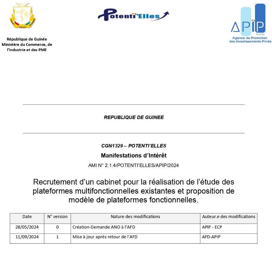 Recrutement d’un cabinet pour la réalisation de l’étude des plateformes multifonctionnelles existantes et proposition de modèle de plateformes fonctionnelles | Page 1