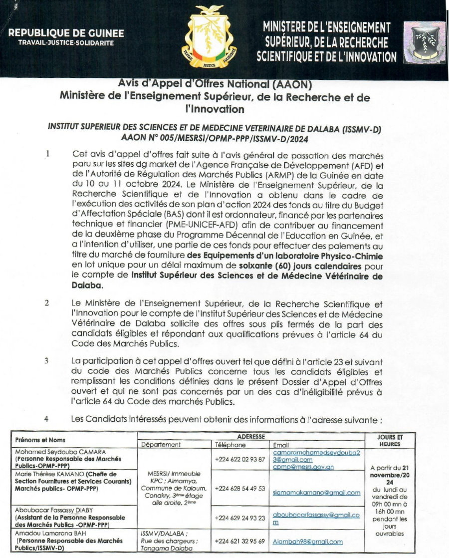 Avis d'appel d'offres pour le marché de fourniture des Equipements d’un laboratoire Physico-Chimie en lot unique pour un délai maximum de soixante (60) jours calendaires pour le compte de Institut Supérieur des Sciences et de Médecine Vétérinaire de Dalaba | Page 1