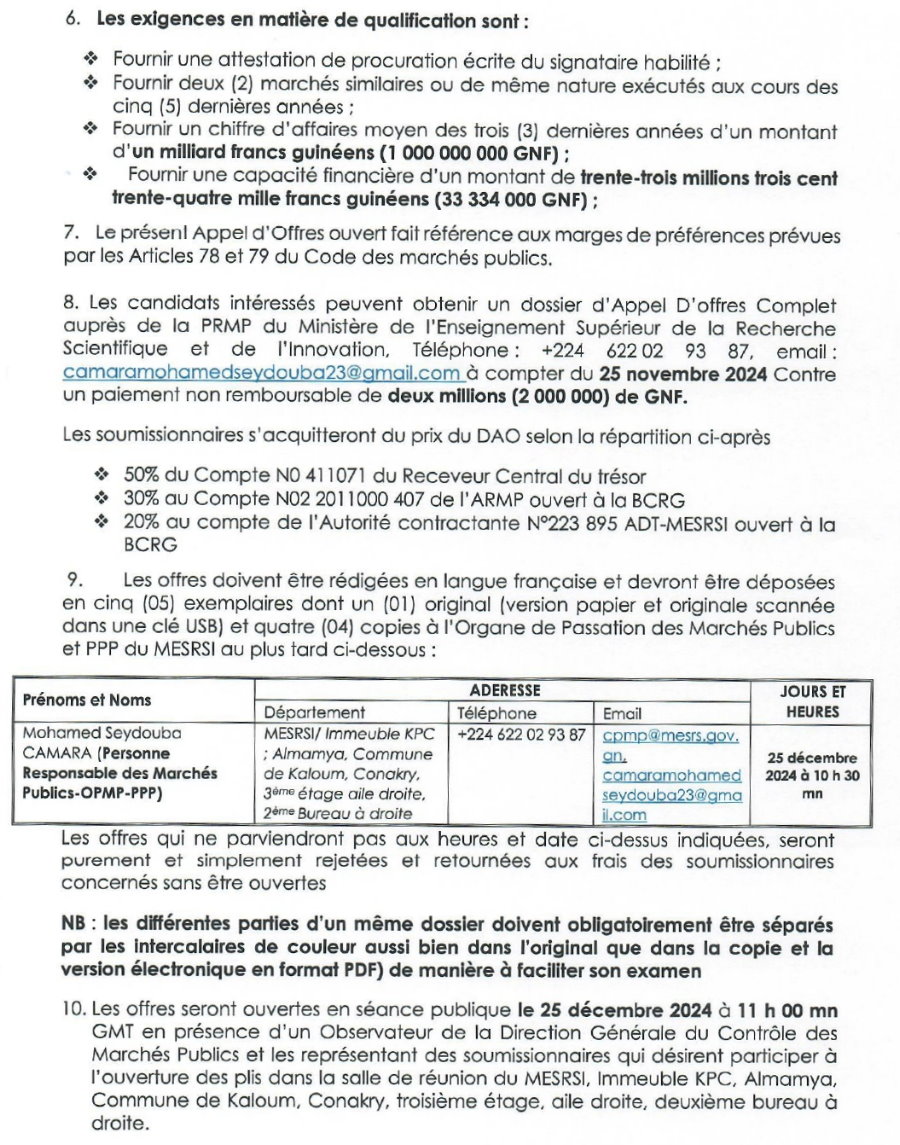 Avis d'appel d'offres pour le marché de fourniture des Equipements d’un laboratoire Physico-Chimie en lot unique pour un délai maximum de soixante (60) jours calendaires pour le compte de Institut Supérieur des Sciences et de Médecine Vétérinaire de Dalaba | Page 2