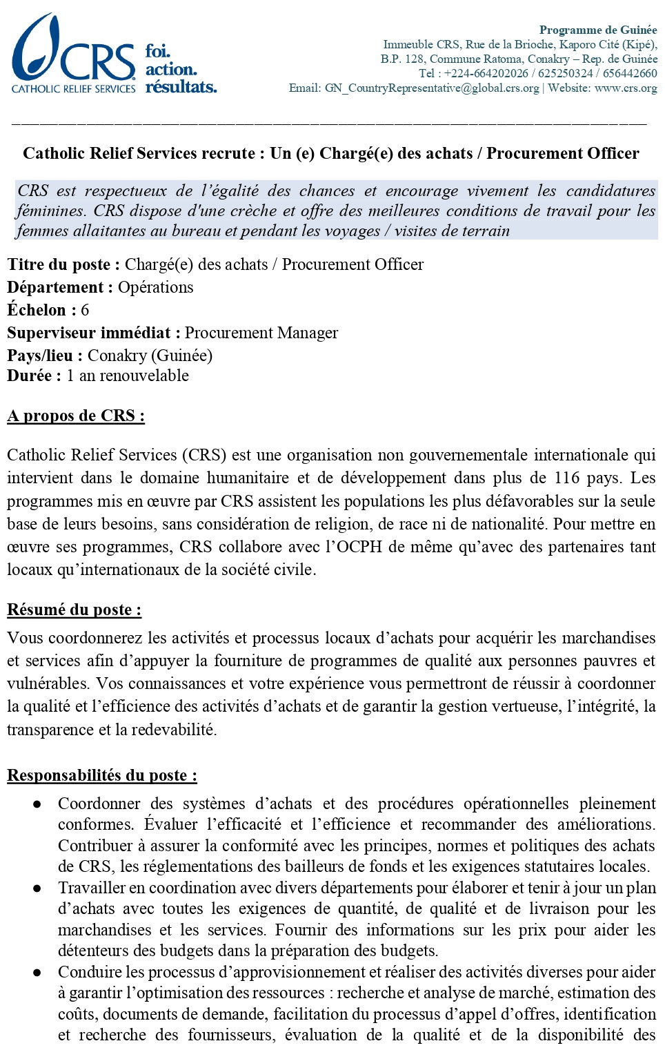 Recrutement D'un(e) Chargé(e) Des Achats/Procurement Officer | page 1