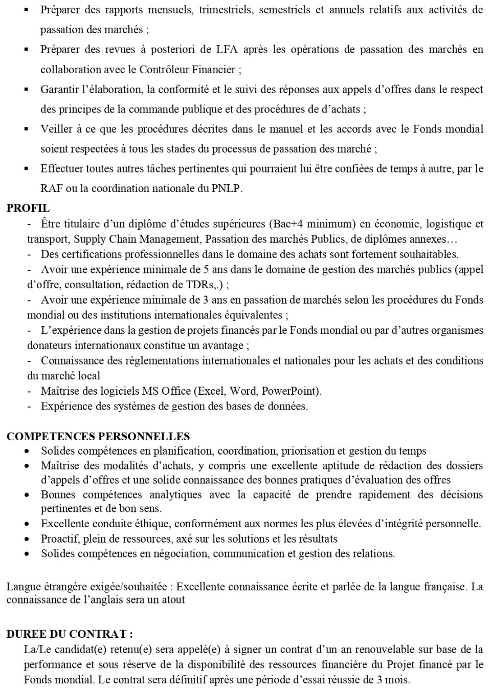 AVIS DE RECRUTEMENT D'UN(E) SPECIALISTE EN PASSATION DES MARCHES DU PNLP | Page 3