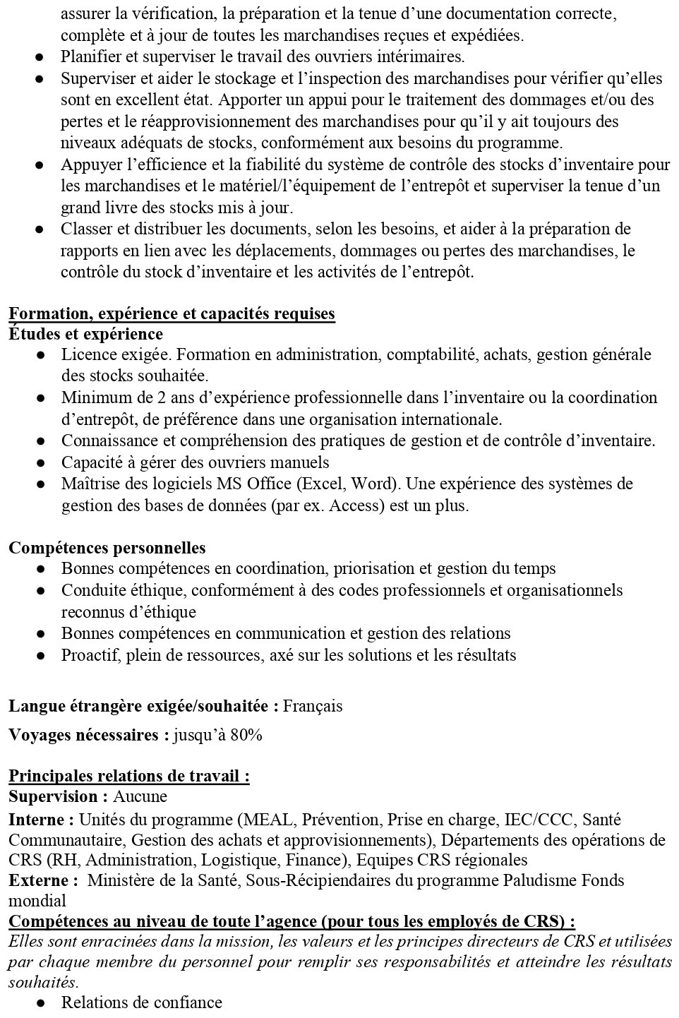 Avis De Recrutement D'un(e) Chargé(e) D'entrepôt/Warehouse Officer De CRS | page 1