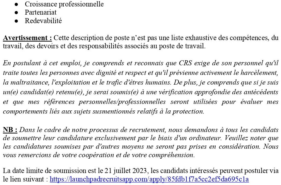 Avis De Recrutement D'un(e) Chargé(e) D'entrepôt/Warehouse Officer De CRS | page 1