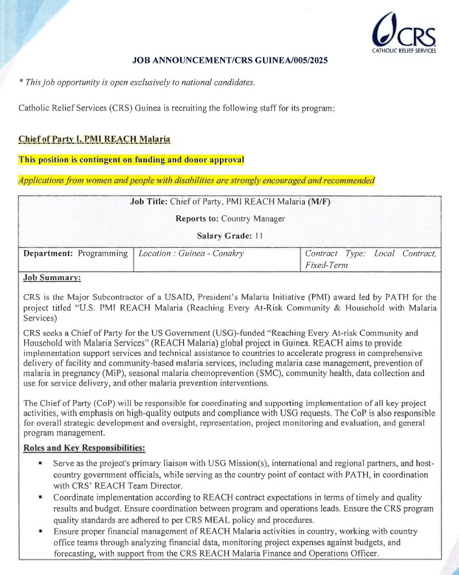 Avis de recrutement d'un chief of party i, pmi reach malaria | Page 1