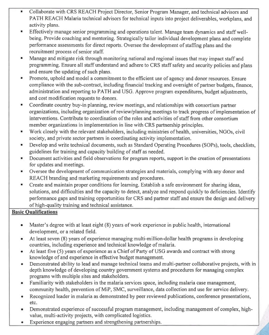 Avis de recrutement d'un chief of party i, pmi reach malaria | Page 2